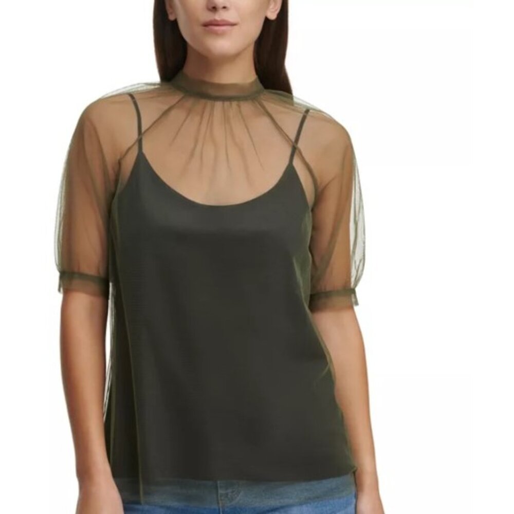 DKNY Black & Gray Mock Neck Sheer Tulle Overlay Top & Cami Set NWT Size Medium